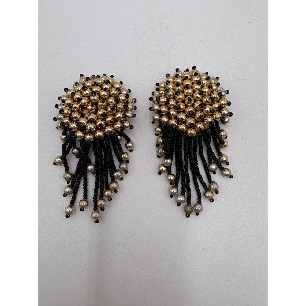 Vintage Beaded Fringe Clip On Earrings Gold Black Silver Tassel Statement Boho